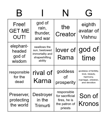 Hindu Deities Bingo Card