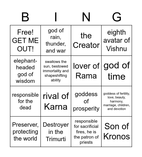 Hindu Deities Bingo Card