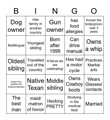 Wedding Party "getting to know you" Bingo Card