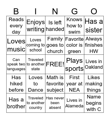 PERSON Bingo Card