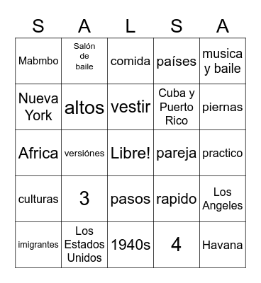 La Salsa Bingo Card