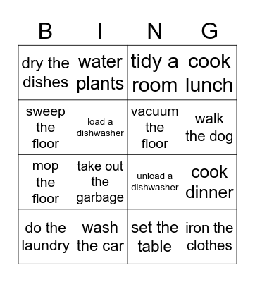 household chores Bingo Card