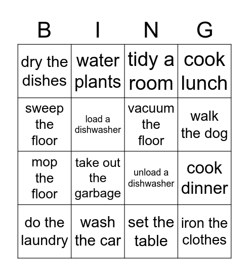 household chores Bingo Card