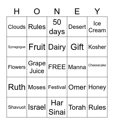 Yom Yerushalayim, Rosh Chodesh, Shavuot BINGO Card