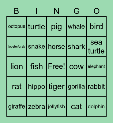 Animals (PA) Bingo Card