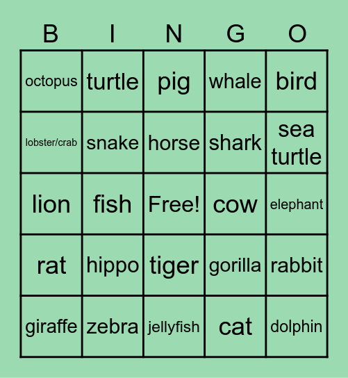 Animals (PA) Bingo Card