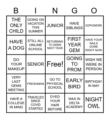 G.E.M.S Bingo Card