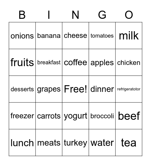 Foods Bingo Card