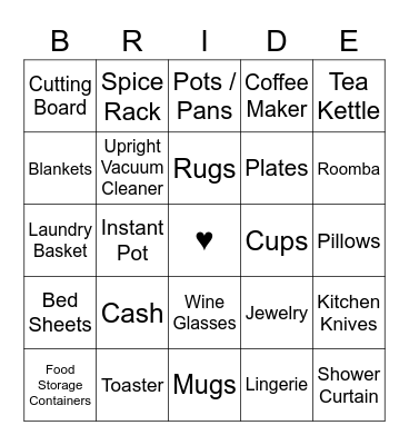 Gifts For The Bride Bingo Card