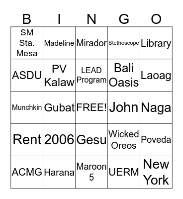 Kat's Bridal Shower Bingo Card