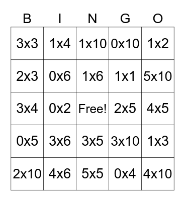 SLC Beginning Multiplication BINGO Card