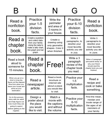 Summer Before 4th Grade Bingo Card