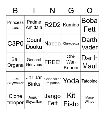 Star Wars Blaster Bingo Card