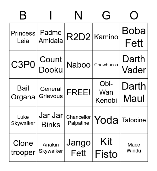 Star Wars Blaster Bingo Card