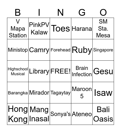 Kat's Bridal Shower Bingo Card