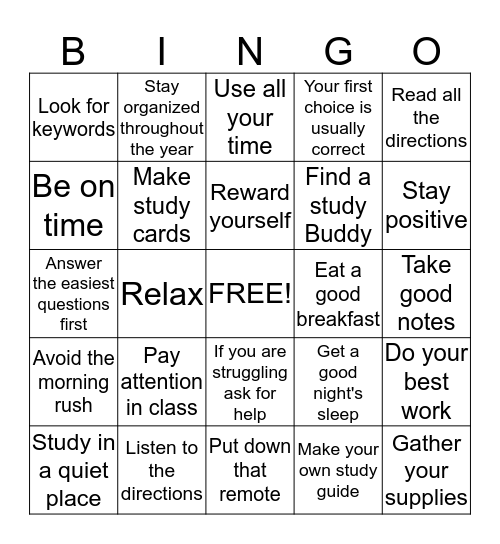 STUDY SKILLS/TEST TAKING TIPS Bingo Card