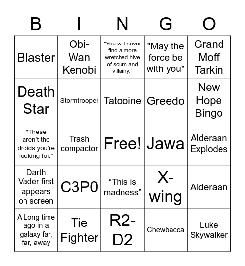 Star Wars Episode IV: A New Hope Bingo Card