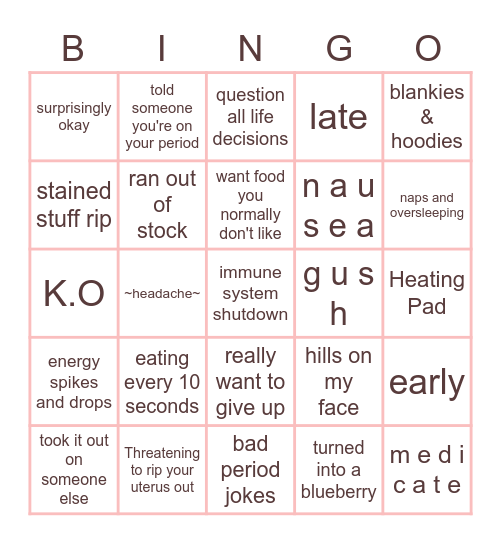 Menstruation Station Bingo Card