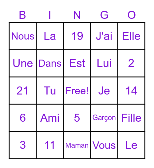 Les chiffres Bingo Card