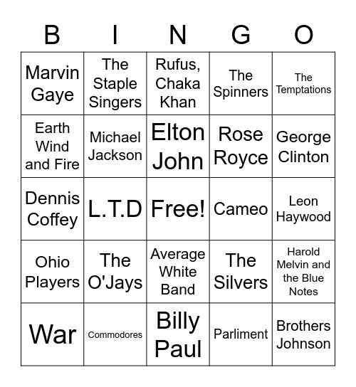 70's Music Artists Bingo Card