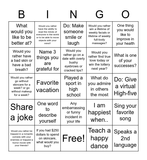 Friendship Bingo Card