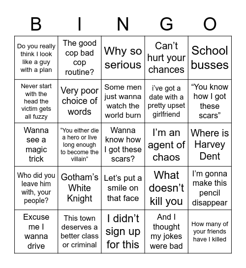 Dark Knight Bingo Card
