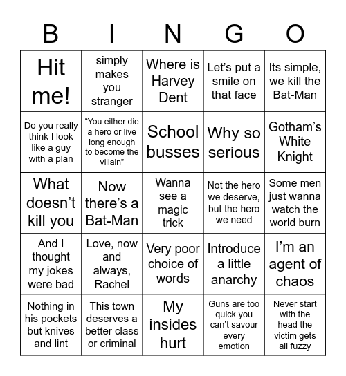 Dark Knight bingo Card
