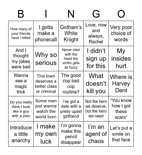 Dark Knight bingo Card