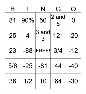 Math Facts  Bingo Card