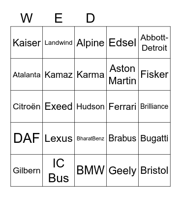 CAR MODELS PT 1 Bingo Card