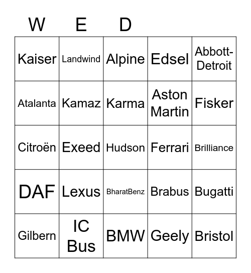 CAR MODELS PT 1 Bingo Card