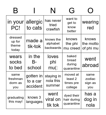 Phi Mu! Bingo Card
