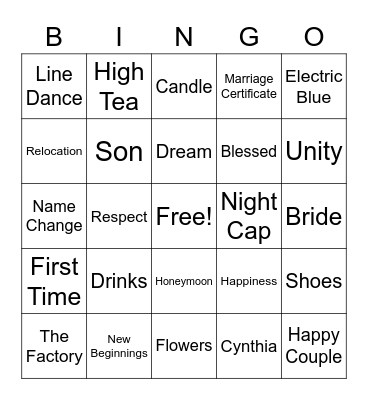 Cynthia's Bridal Shower Bingo Card