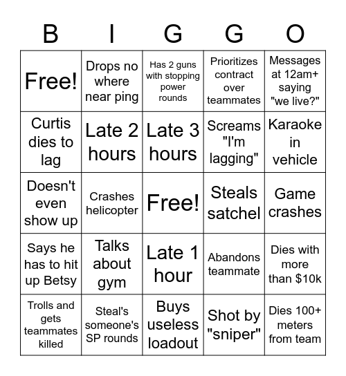 Curtis Bingo Card