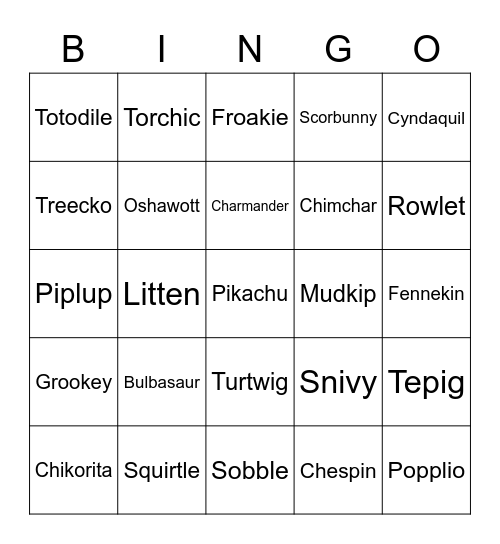 Starter Pokemon Bingo Card