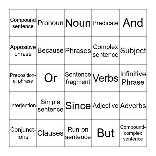 Sentence Structure Bingo Card