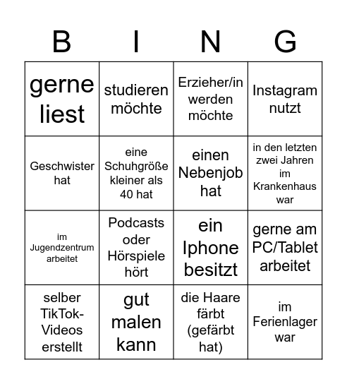 Finden Sie jemand, der/die Bingo Card