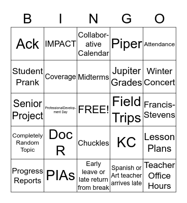 December Faculty Meeting Bingo Card