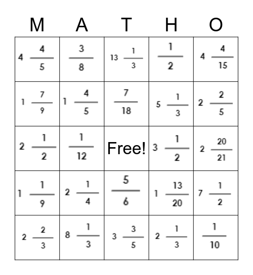 FRACTIONS Bingo Card