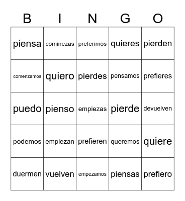 Stem-Change Verbs Bingo Card