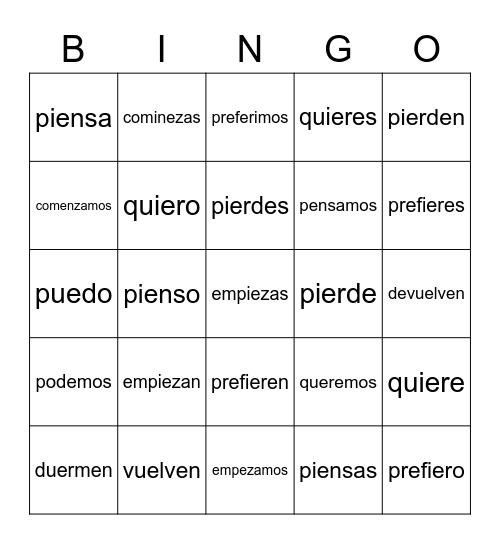 Stem-Change Verbs Bingo Card