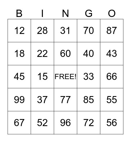 Hundred Chart Bingo Card