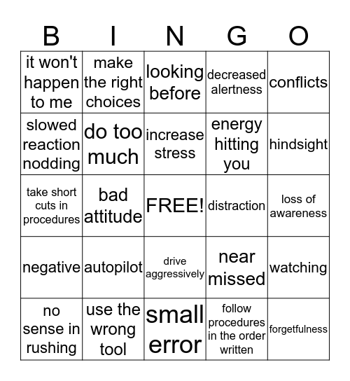 SafeStart Bingo Card