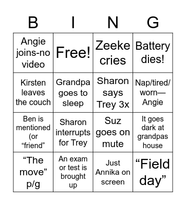 Family zoom Bingo Card