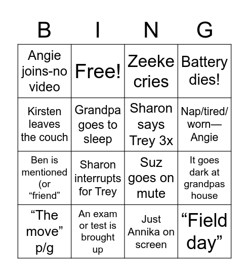 Family zoom Bingo Card