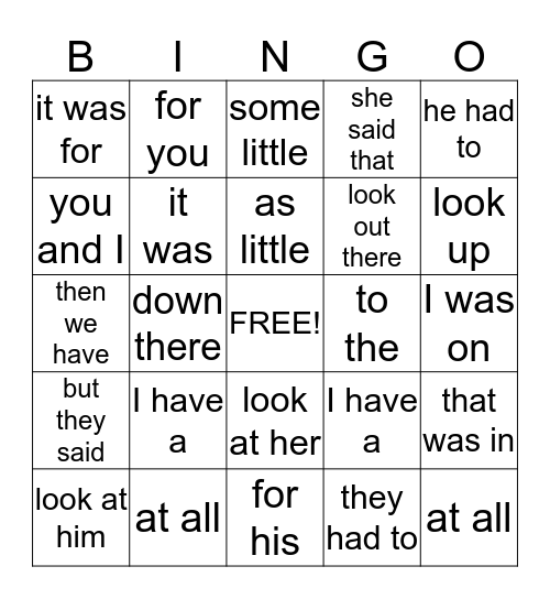 Sight Word Phrase Bingo Card