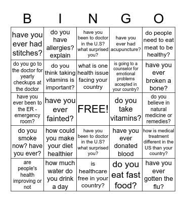 Health and Illness Bingo Card