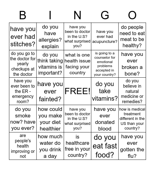 Health and Illness Bingo Card