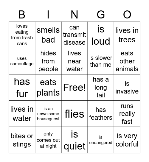 I've seen an animal in Camden that... Bingo Card