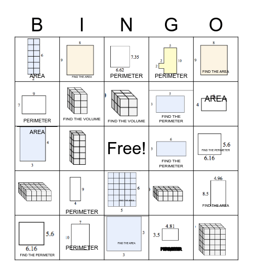 PERIMETER AREA AND VOLUME Bingo Card